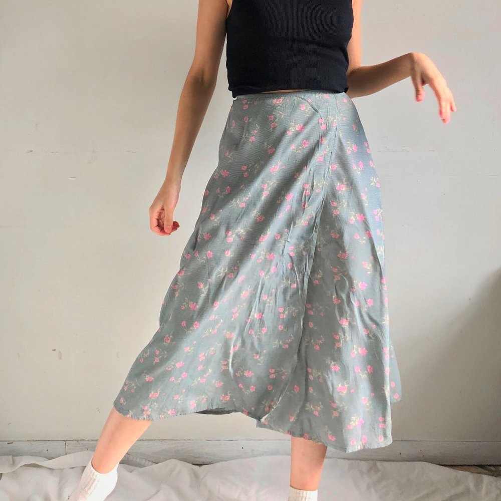 Ann Taylor Floral Midi Skirt - Gray and Pink